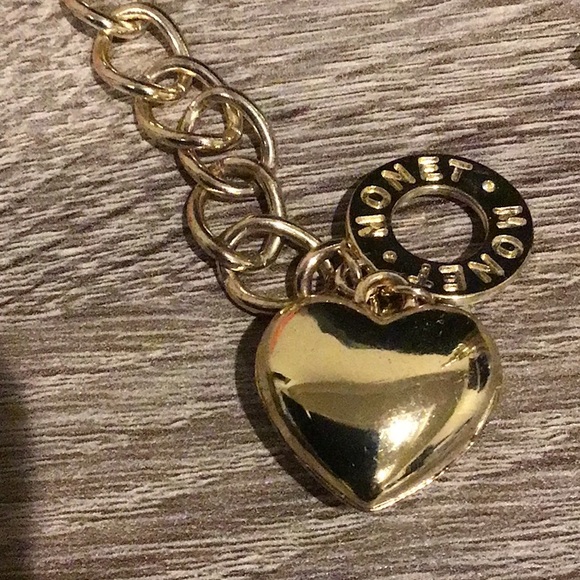 Vintage MONET Bracelet Heart Locket Charm Gold Tone Pink Rhinestone Signed - Picture 5 of 6